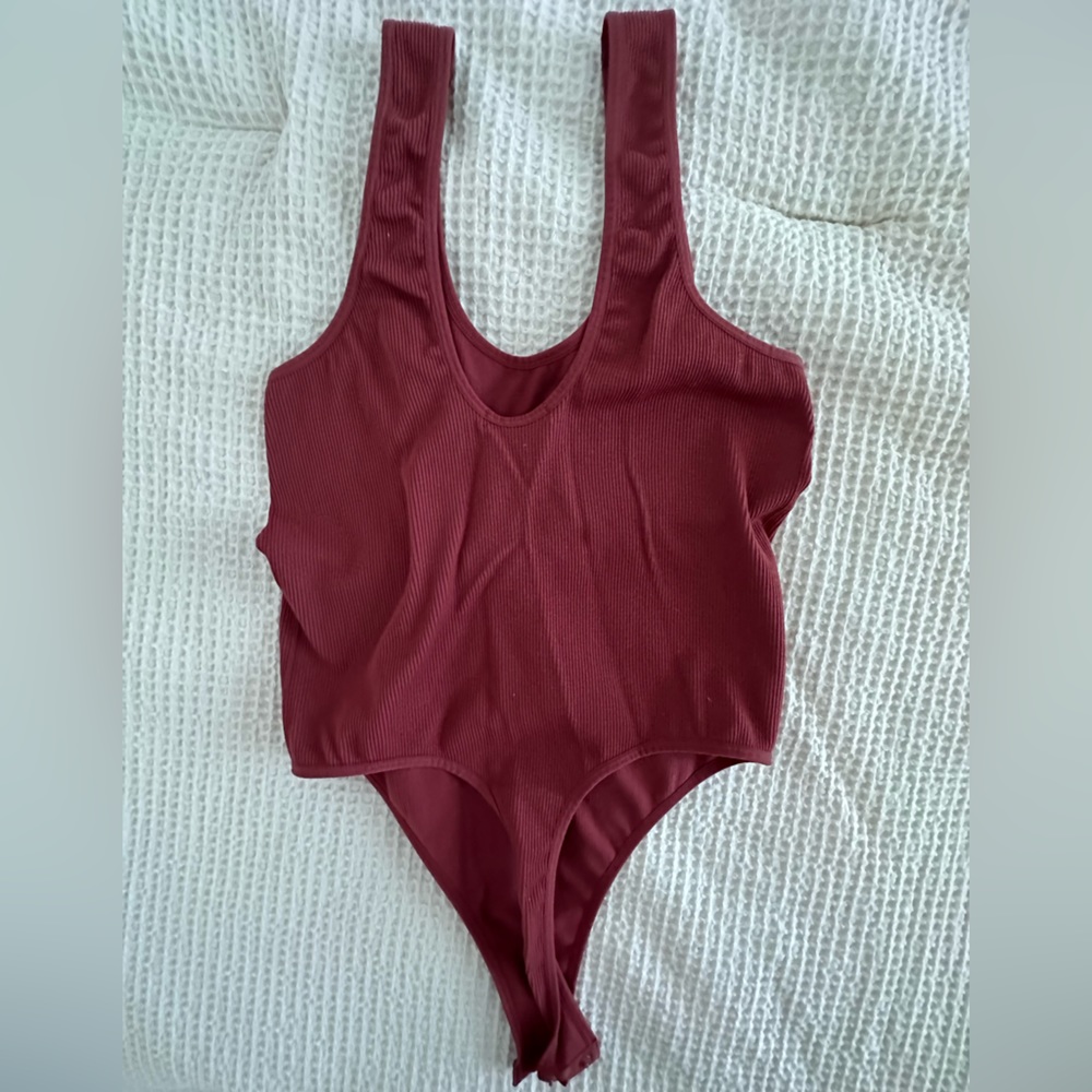 Red deep U- shaped neck line, thong body suit tank top